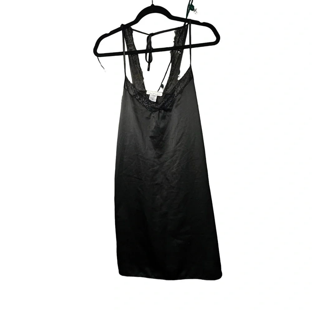 Linea Donatella Black Satiny Chiffon Lace Nightgown Sexy Womens Small Slip Dress